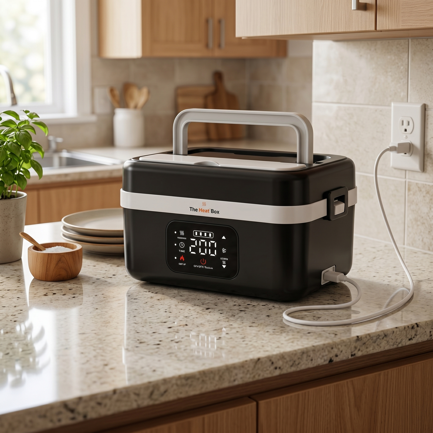 HeatBox 2.0 charging on kitchen counter