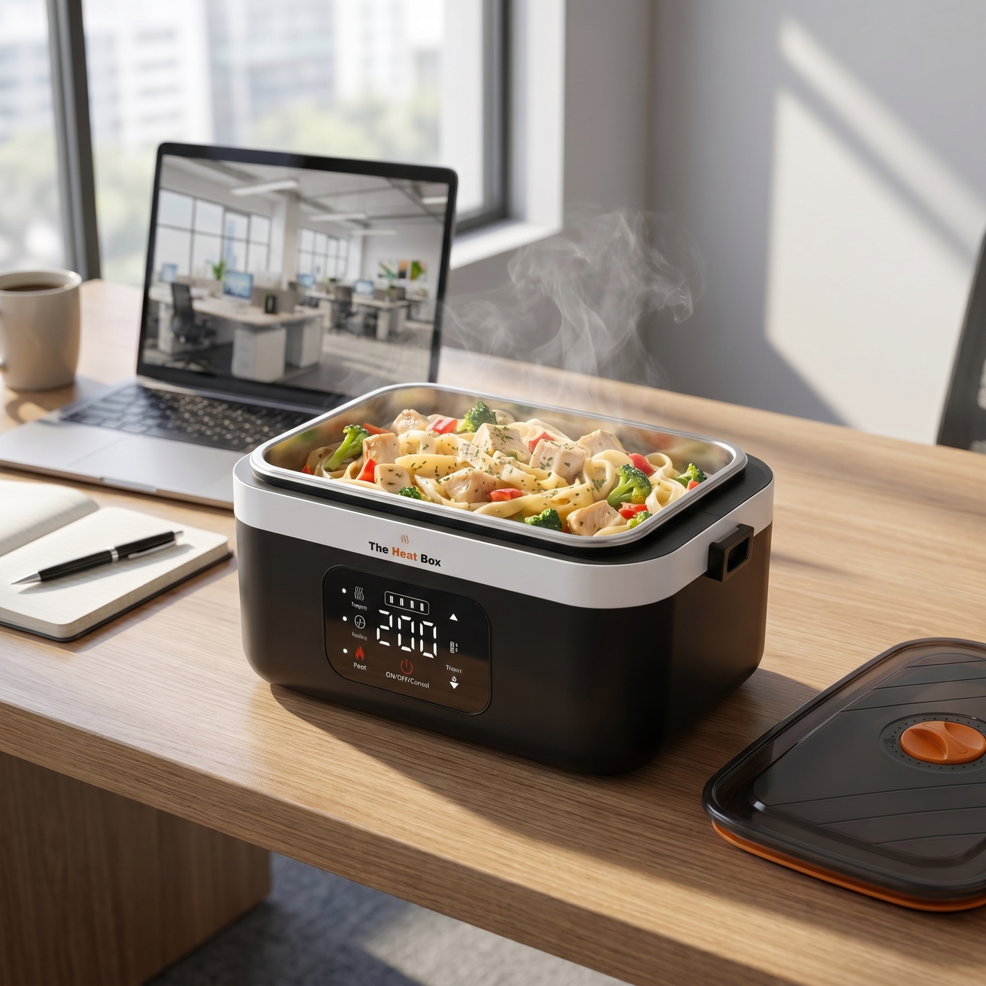 HeatBox 2.0 heating a hot meal cordlessly on a desk