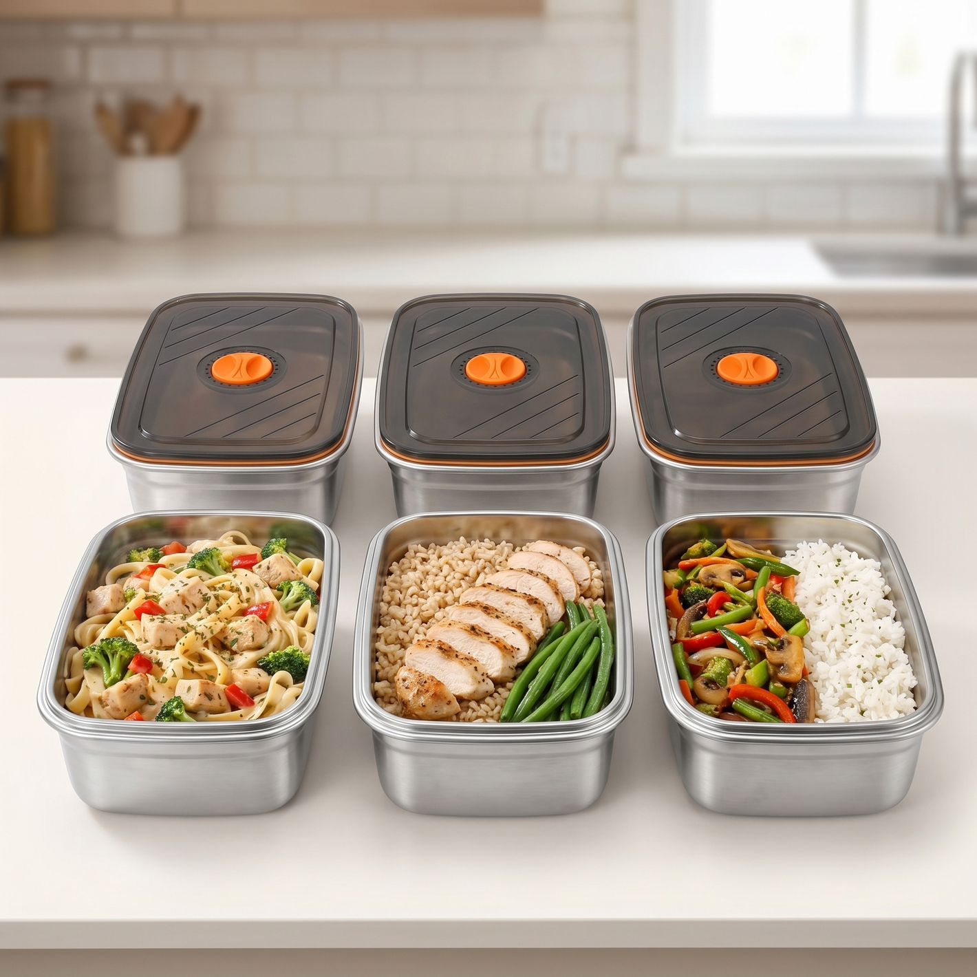 Three HeatBox 2.0 stainless steel containers prepped with meals