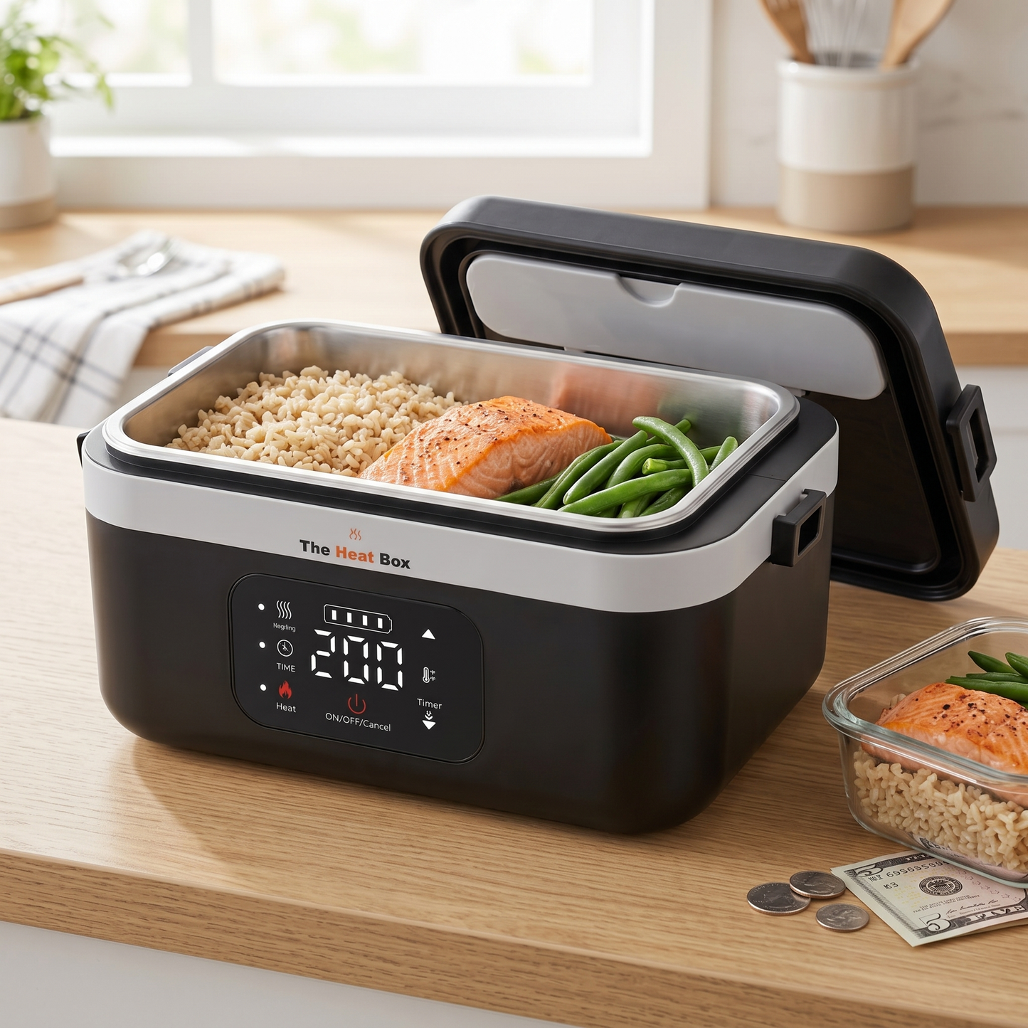 HeatBox 2.0 open hot meal on kitchen counter