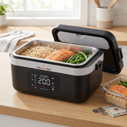 HeatBox 2.0 open hot meal on kitchen counter