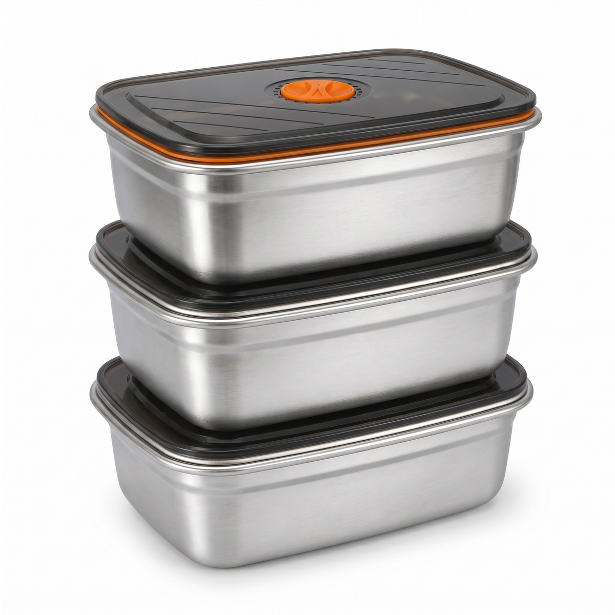 Three HeatBox 2.0 stainless steel containers stacked