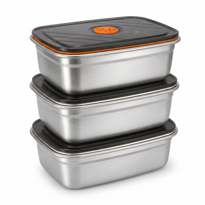 Three HeatBox 2.0 stainless steel containers stacked