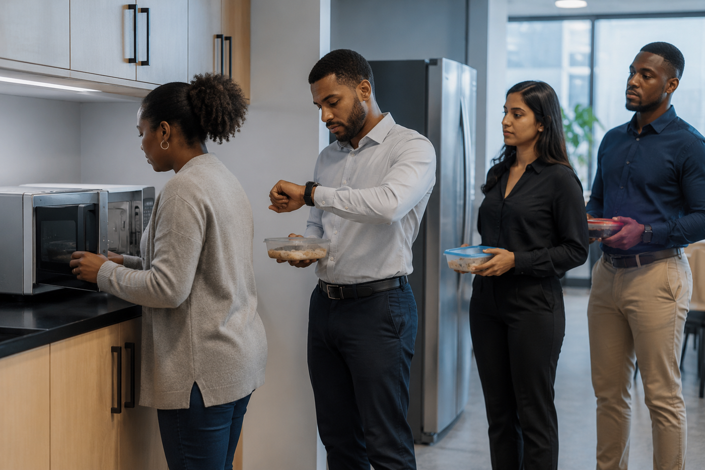 Coworkers queuing for a shared office microwave